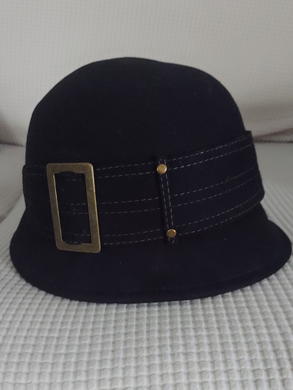 Scala Black Felt Cloche Hat with Gold Buckle